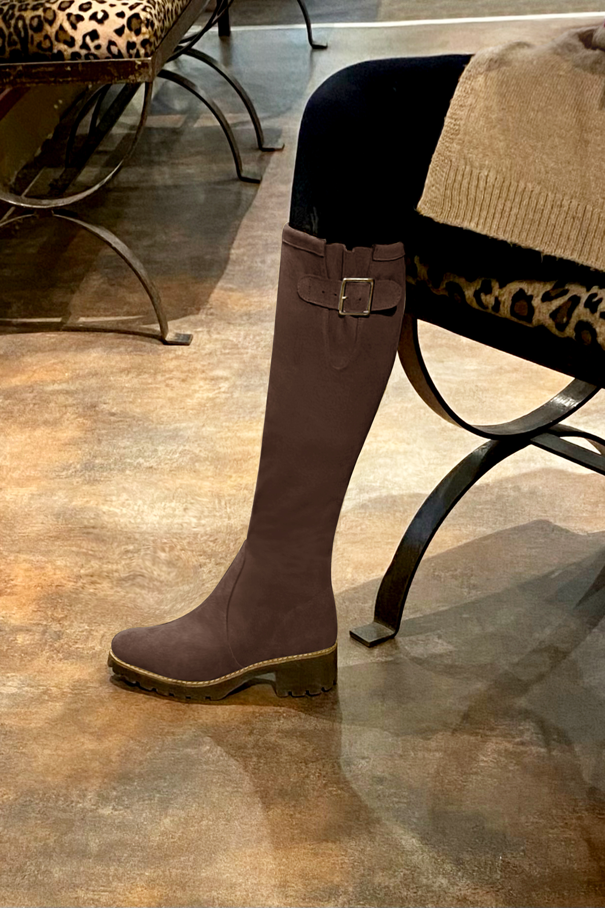 Chocolate brown women's knee-high boots with buckles.. Made to measure. Worn view - Florence KOOIJMAN